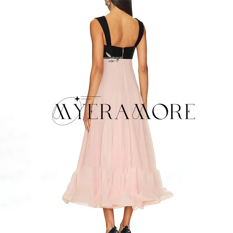 Contrasterende kleur Avondjurken Roze Vierkante hals Kralen A-lijn Theelengte Celebrity Galajurken Op maat gemaakte فسات voiture