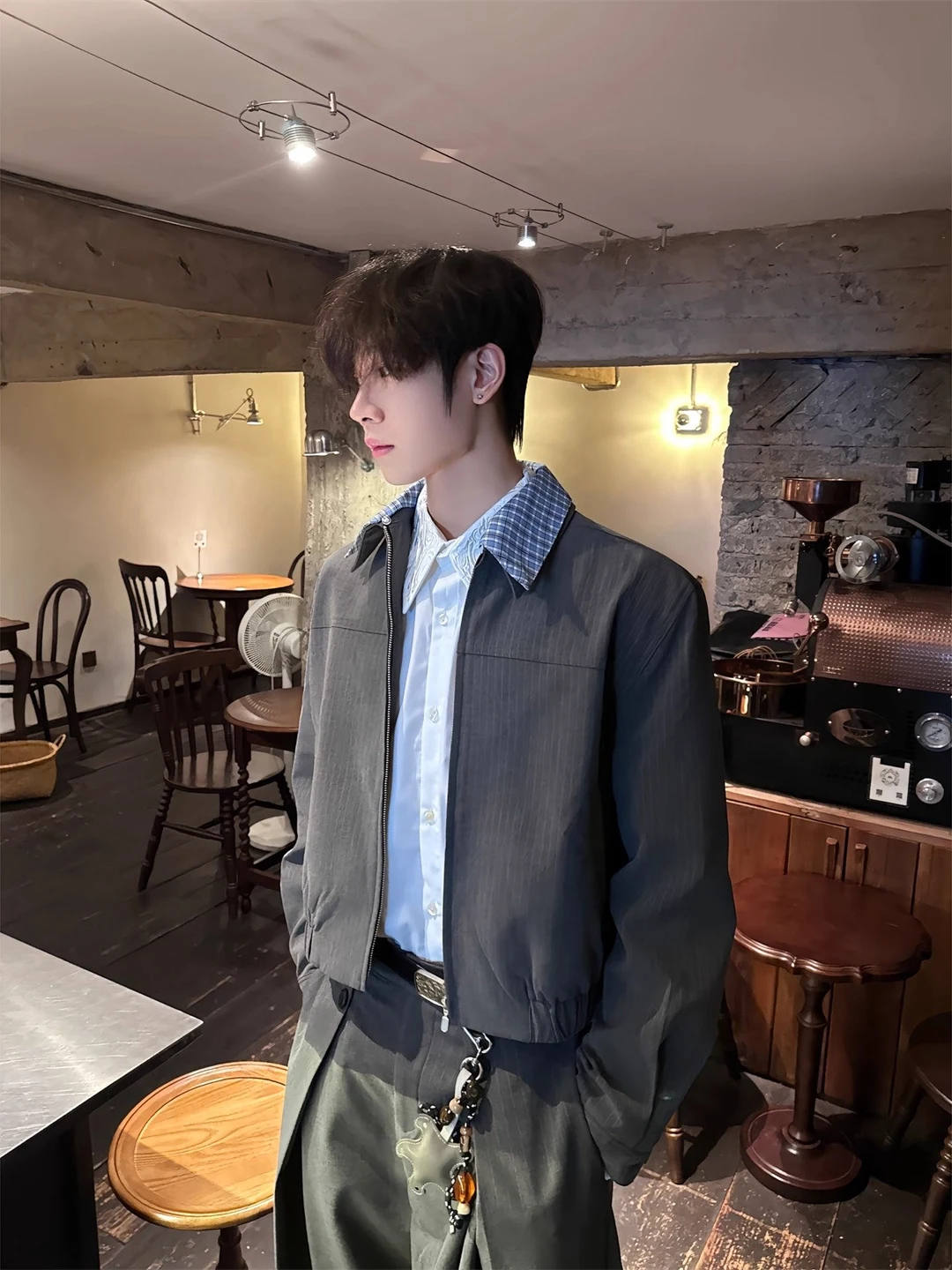 

Removable Collar ort Men's Jaet Cleanfit Striped Double Collar Adstrative Sle Early Autumn Top Zipper Closure No Hat