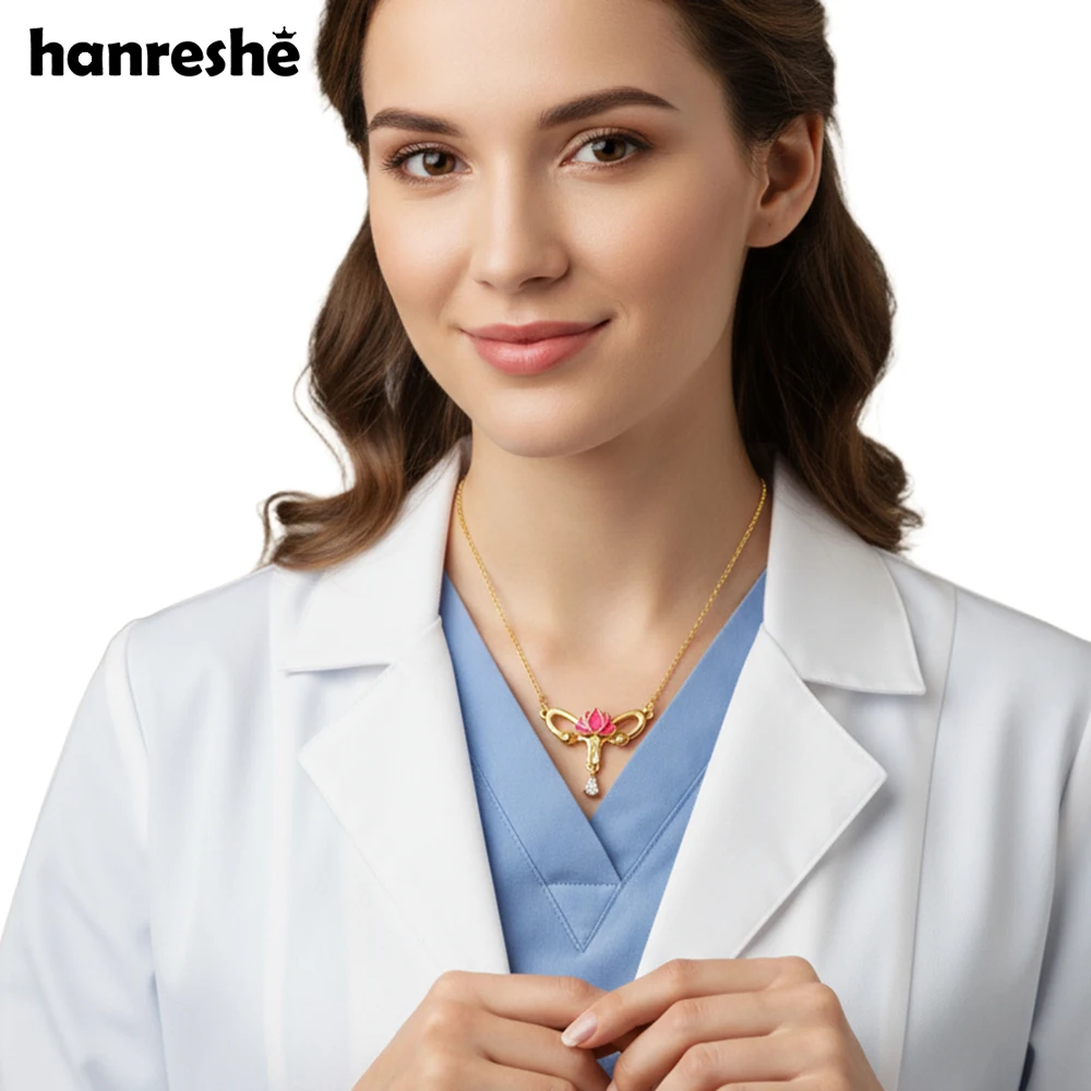 Hanreshe Medical Uterine Pendant Necklace Luxury Enamel with Crystal Obstetrics Uterus Jewelry Neck Chain Gift for Women Nurse