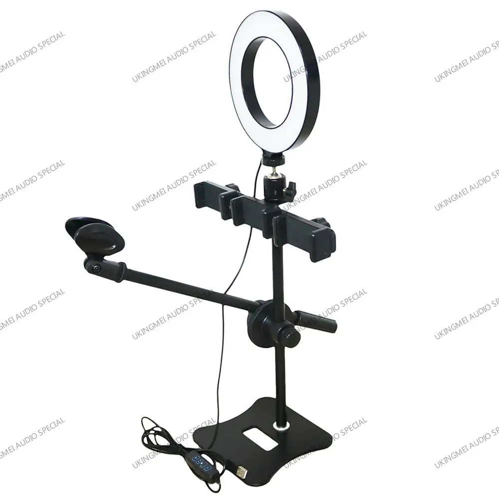 

16CM LED Selfie Ring Light With Three Phone Holder And Microphone Stand For Photo Studio Video Live Stream Makeup Flat Stable