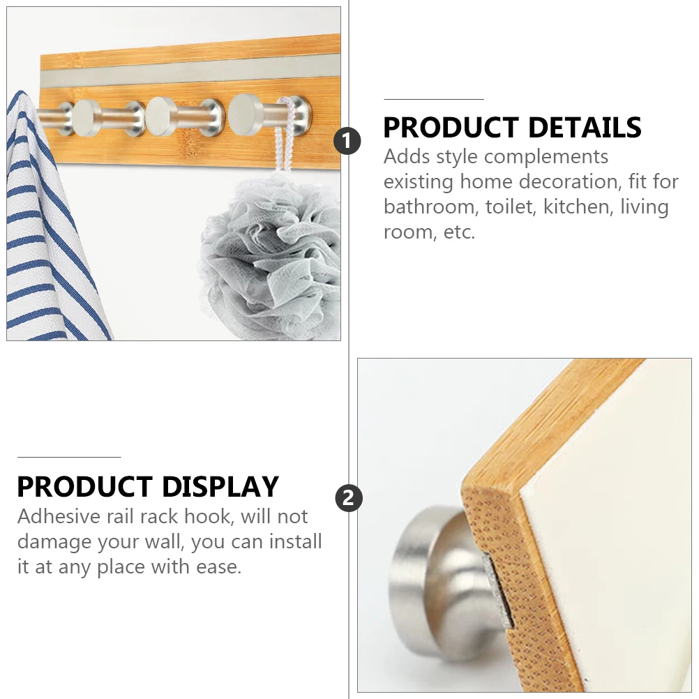 

Bathroom Row Hook Bamboo Wood Wall Rack Adhesive Space Saving Toilet Living Room Stainless Steel Rail Rack Hanger Home