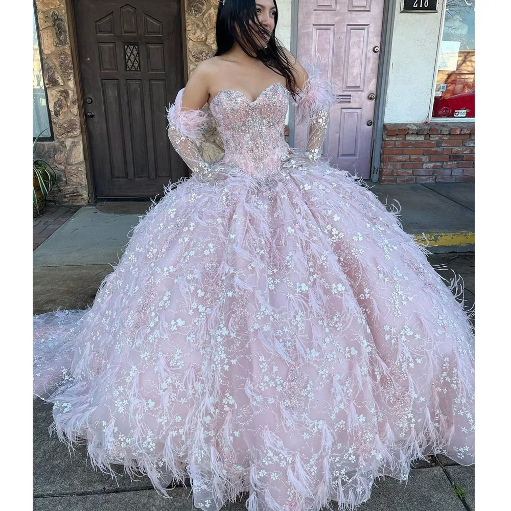 

Pink Feathers Quinceanera Dresses With Detached Sleeves Ball Gown Birthday Party Dress Lace Up Graduation Gown Vestido De 15