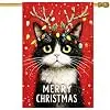 Christmas House Flag 28x40 Inch Tuxedo Cat Antlers Yard Decor jjp