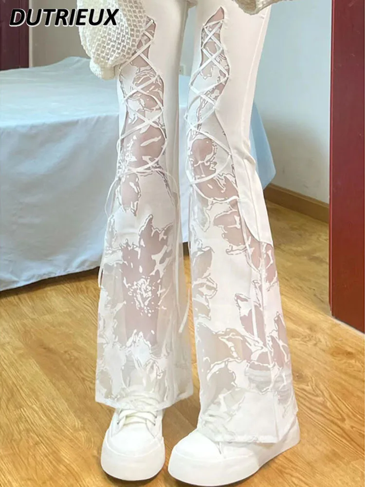 

High Waist Hot Girl Fashionable Sweet Pants Women's Summer 2024 New Lace Stitching Irregular Slightly Flared Casual Trousers