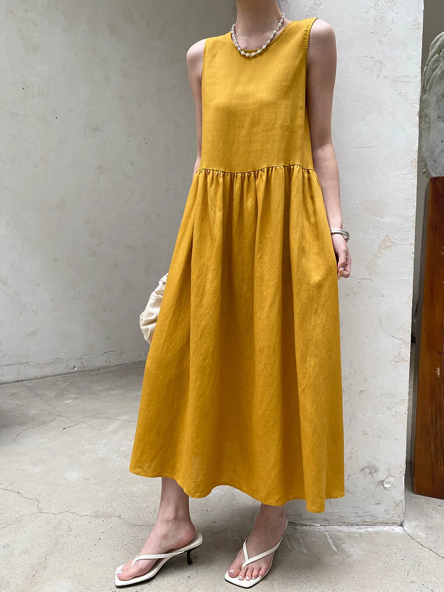 Sommerliches, lässiges, einfarbiges, ärmelloses Patchwork-Kleid mit Rundhalsausschnitt für Damen – Detail 7