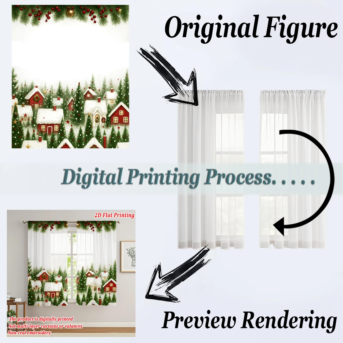 Christmas Flat Printing Kitchen Sheer Curtain with Merry Christmas Trees House Snowflake For Christmas Home Decor  Party