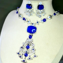 Dubai Fashion Blue Zircon Flower Geometric Fan Shape Dangle Earrings Necklace Luxury Silver Gold plated Jewelry Set for Wedding