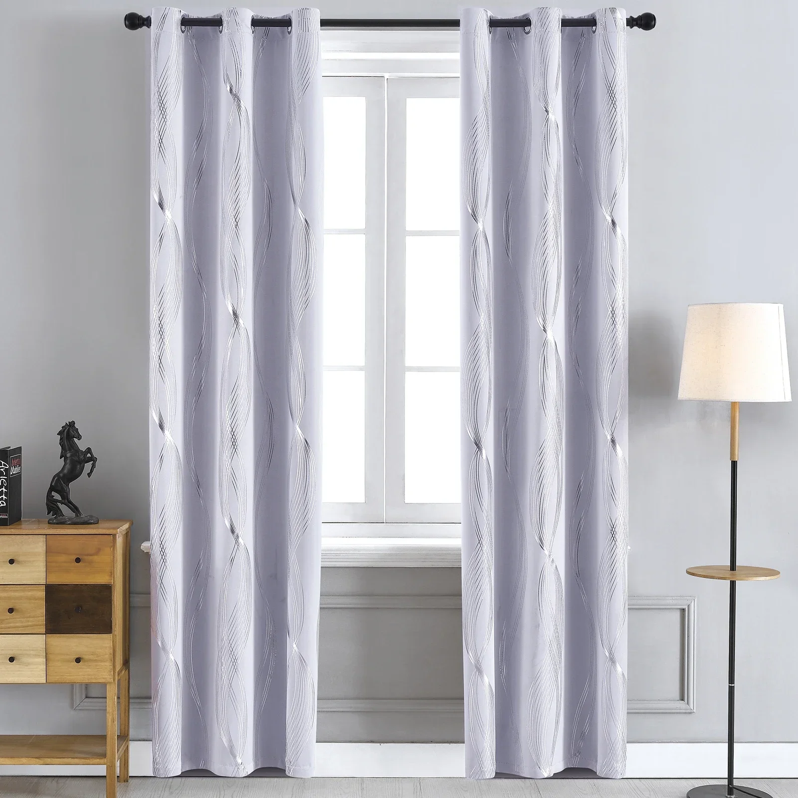 Blackout Curtains for Bedroom Thermal Insulated with Silver Print Wave Striped Pattern Black Out Drapes Light Blocking Panels