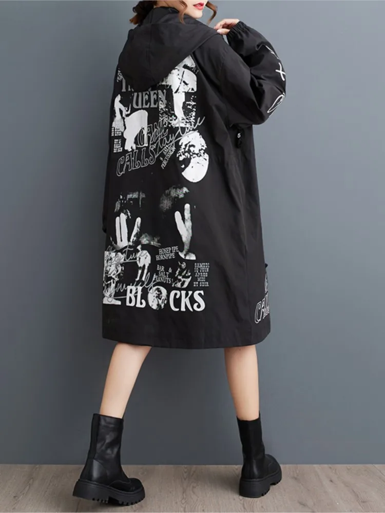 Oversized Herfst Trenchcoat Met Capuchon Vrouwen Brief Onregelmatige Graffiti Print Mode Dames Jassen Casual Losse Vrouw Trenchcoats