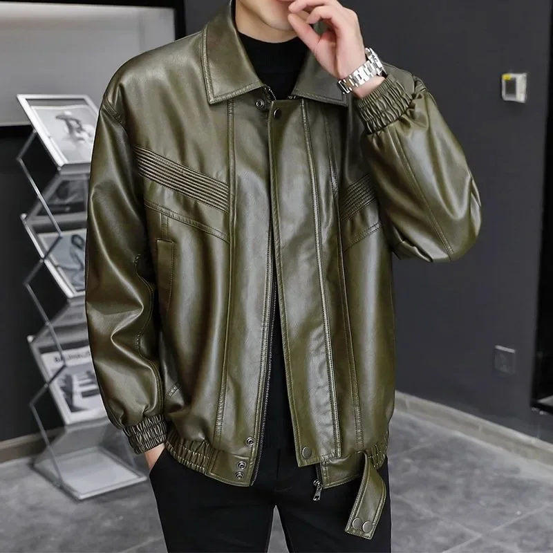 

Пальто, новая зимняя мужская кожаная куртка на флисовой подкладке, модная мужская облегающая кожаная повседневная однотонная верхняя одежда на молнии с лацканами большого размера