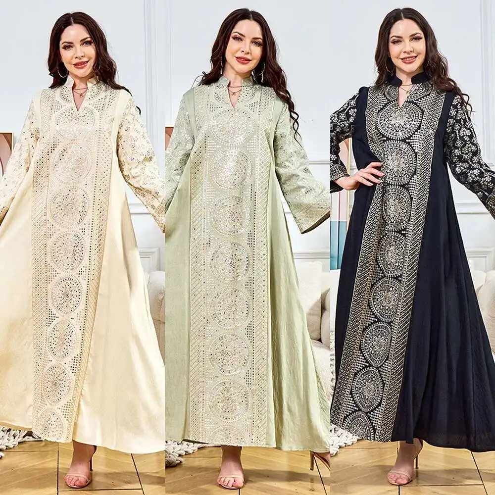 

Muslim Ethnic Style Dress, Big Robe, V-neck Bead Piece, Long Sleeved Banquet Evening Dress, Women's Abaya Islam Elegant