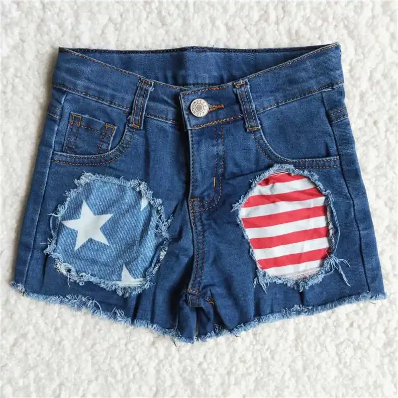 

New Arrival Kids Clothing Wholesale RTS Stars Stripe Patches With Pockets Buttons Asymmetric Blue Denim Shorts