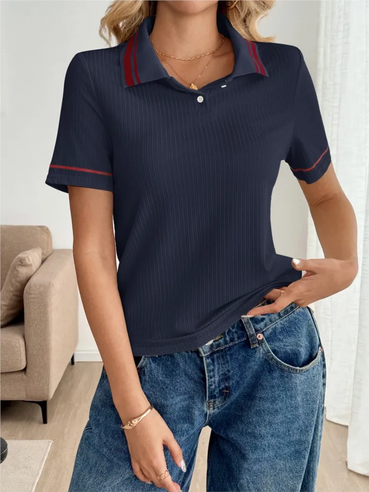 Frühling Sommer Einfachen Stil Casual Pendler frauen POLO-Shirt Modische Farbe Block Gestrickte Kurzen ärmeln Lose T-shirt Top