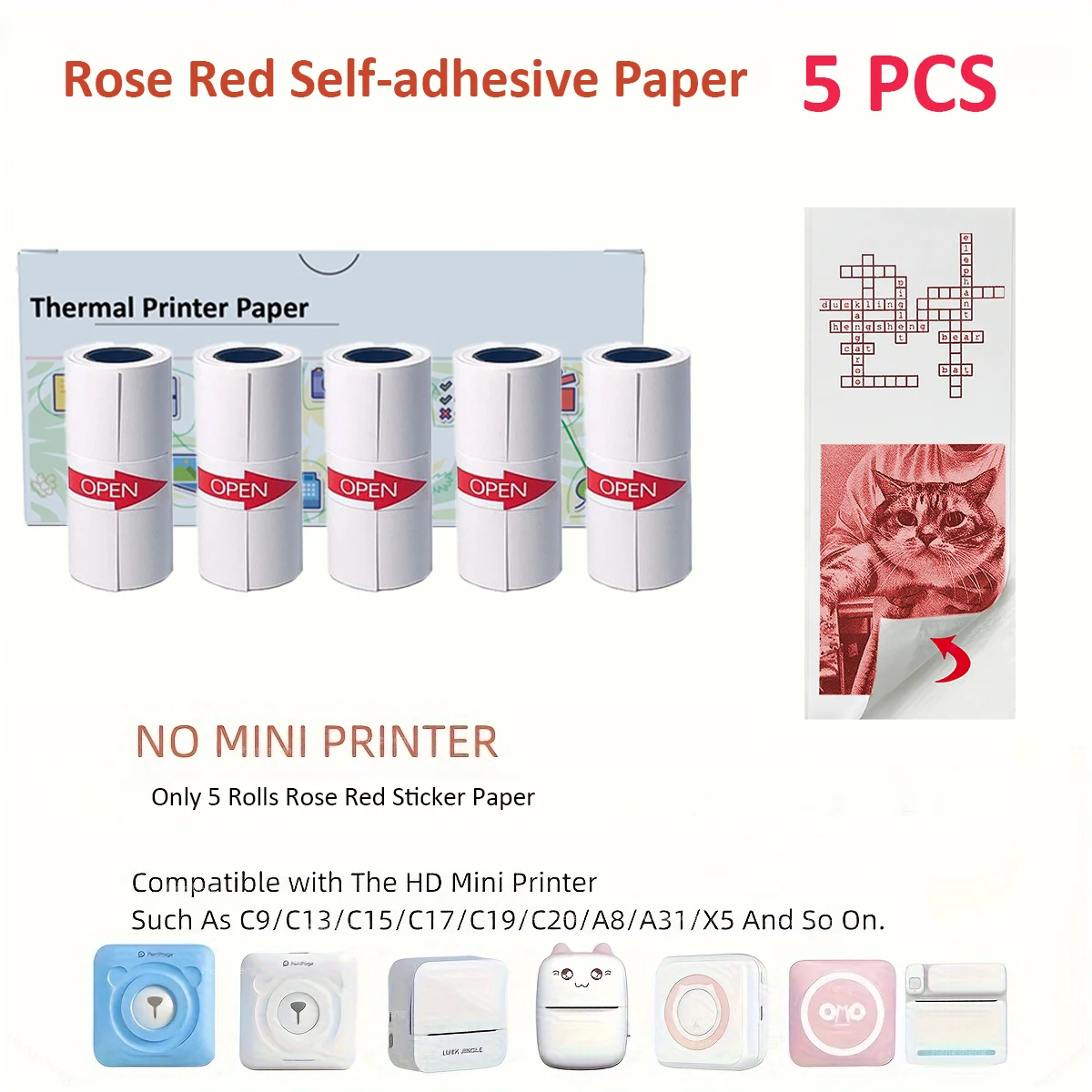 5 لفات Phomemo T02 طباعة ورق حراري لاصق أحمر، ورق طابعة ملون، متوافق مع T02/M02X/M02L
