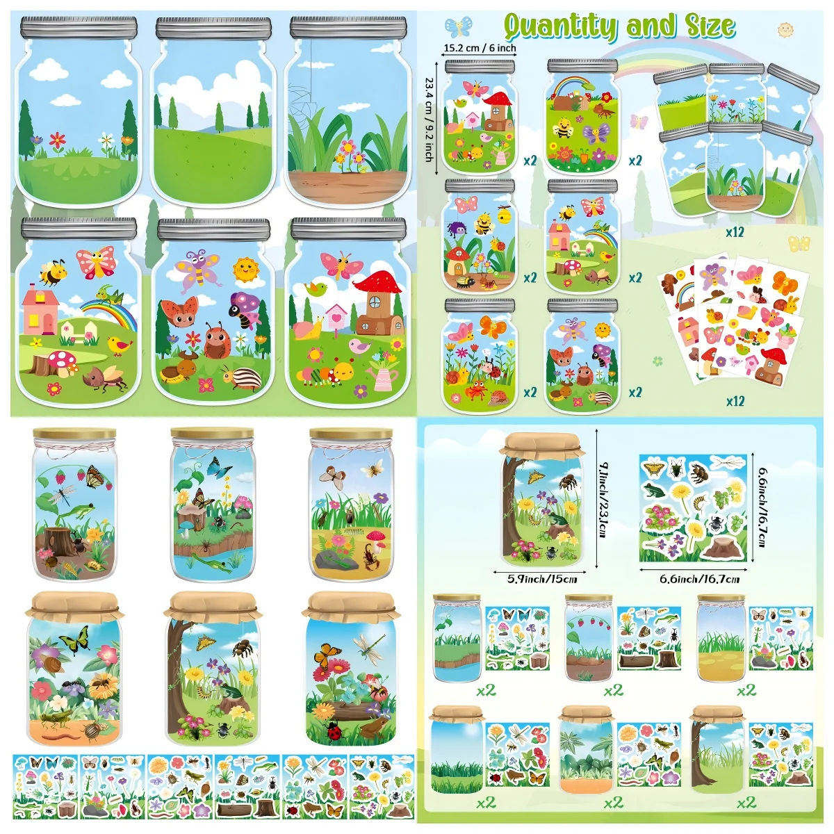 DIY Butterfly Insects Jar Scene Stickers 12Pcs Set Spring Mushroom Bees Snails Print Pattern Decal Decor for Notebook Phone Case