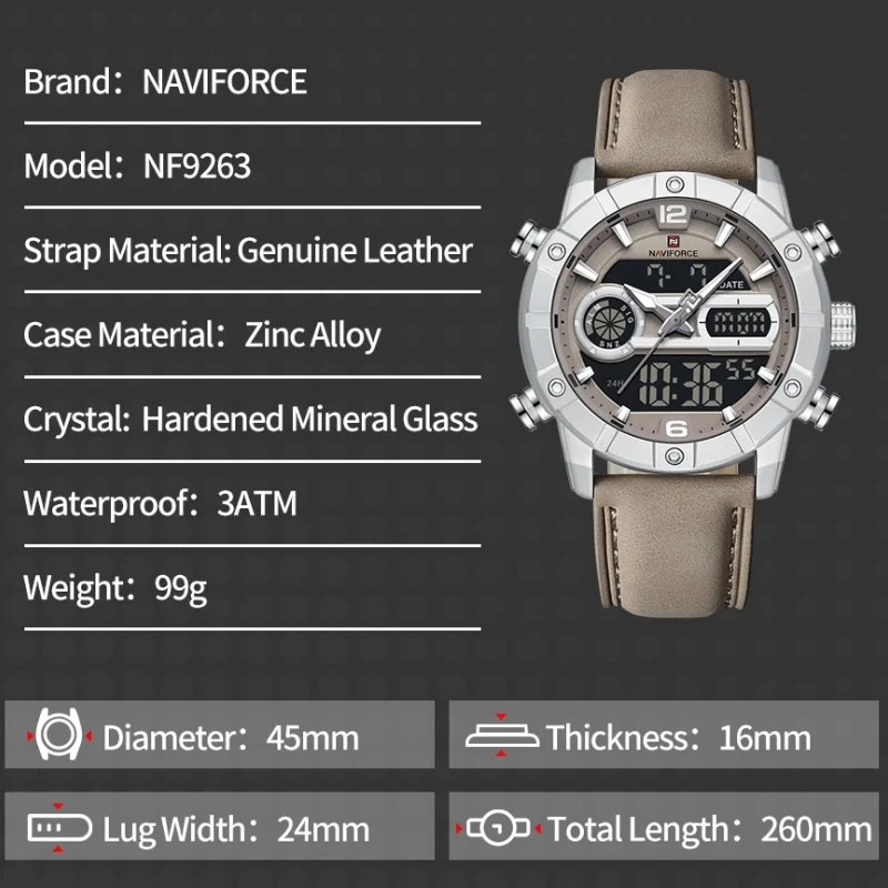 NAVIFORCE NF9263 Waterproof Watch Luminous Display Genuine Leather Strap Multi-Function Chronograph Countdown Timer Alarm NF9263