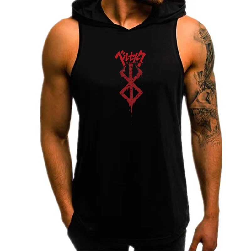 

Men's Hooded Vest T-shirt Short-sleeved Top Anime Print Vest Sports Casual Slim Breathable Sleeveless Vest New Fitness Summer