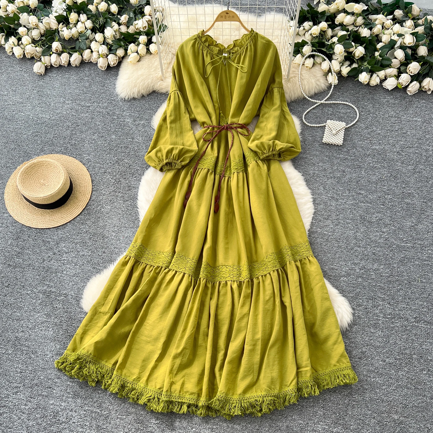 

Vintage Elegant Spliced lace-up lace Dress Korean Fashion Long dress hotsweet Women Fashion Dresses