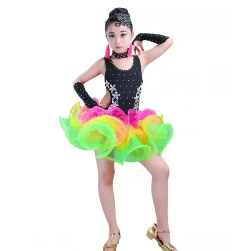 Vestido de baile de salón con lentejuelas para niñas, vestidos de baile latino de salsa para niños, disfraces de baile latino para niños