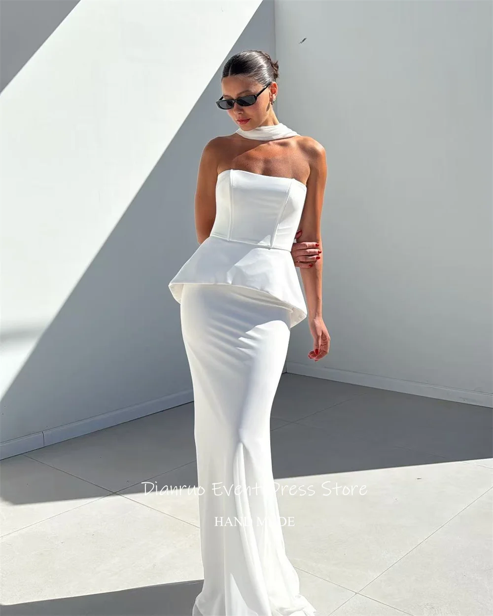 Dianruo White Elegant Long Evening Dresses Strapless Satin Bodycon Abendkleider Hochzeit Ribbons Mermaid Prom Gowns Customized