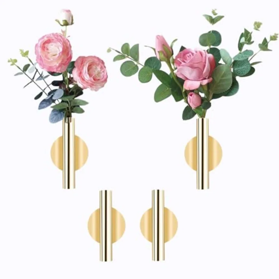 

Wall Planters, 4 Pcs Wall Mounted Metal Hanging Plant Holder for Indoor Small Gold Boho Flower Vase Tube for Modern Home Decor