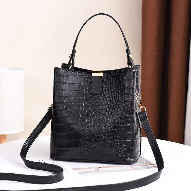 Retro Alligator Bucket Bags Women Crocodile Pattern Handbag Capacity Casual Crocodile Shoulder Messenger Bags Ladies PU Purse