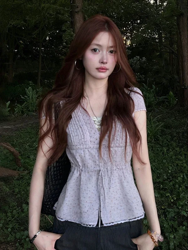 

Korean Style Floral Short Sleeve Shirt Women's V-neck Tie Waist Slimming Top Purple Spring Summer Fashion Casual Blouse