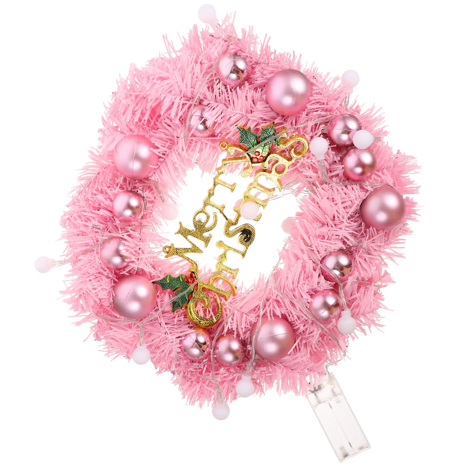 

1set 30 Inch Lighted Christmas Wreath Pink Metallic Hanging Ornament Pre Lit Garland Party Supplies Festival Decoration