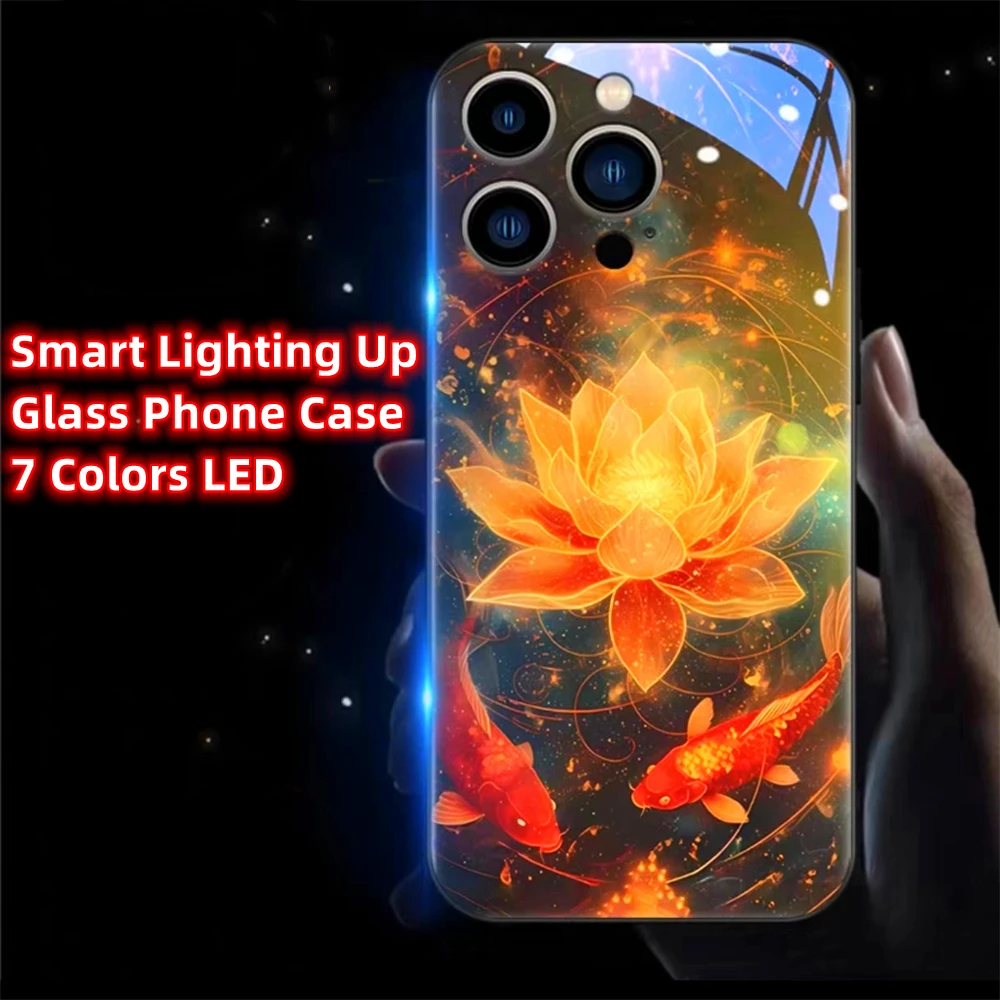 Lucky Golden Lotus Carp Design Smart LED Light Glow Tempered Glass Phone Case For iPhone Air 17 16 15 14 13 12 11 Pro Max Plus