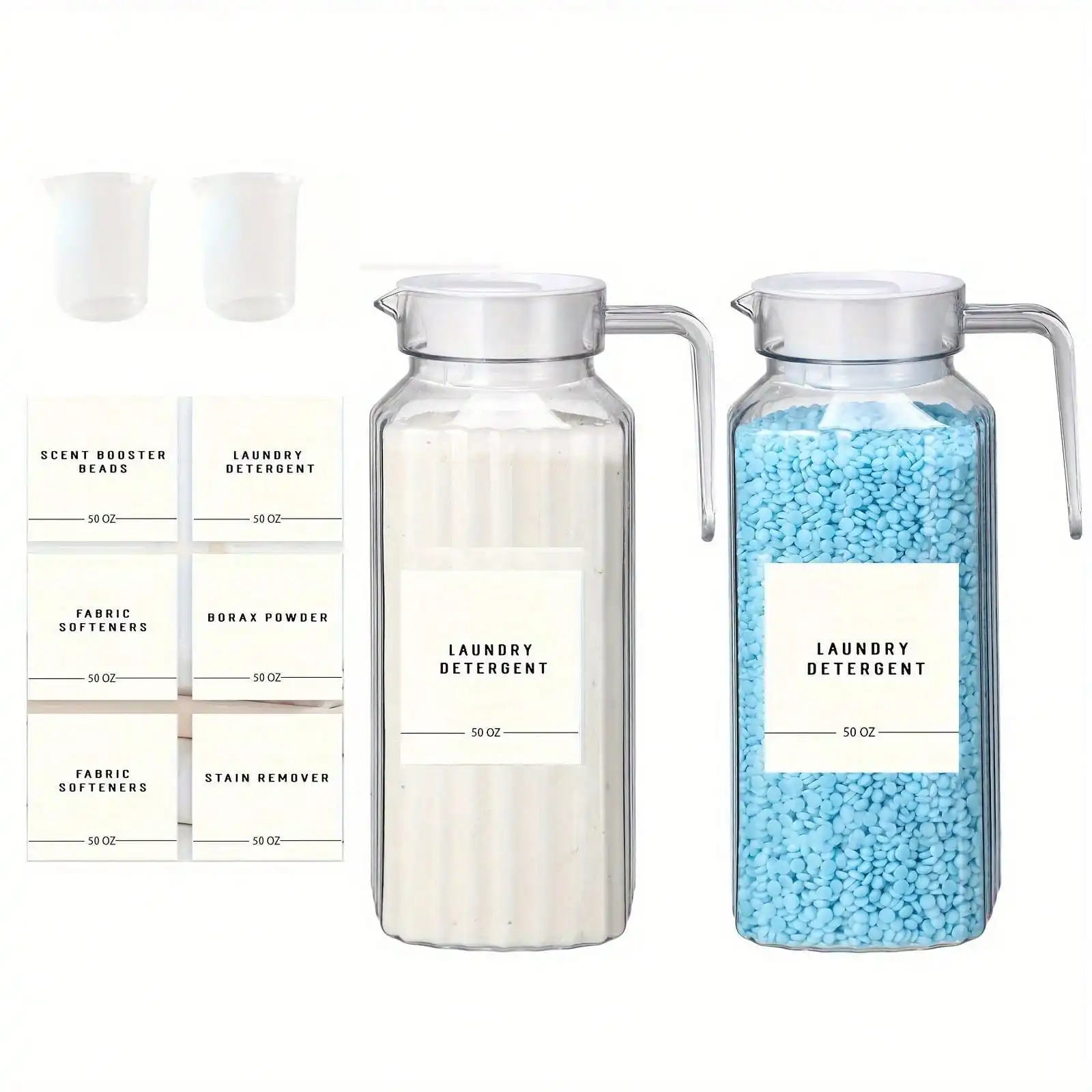 1/2 Pcs Laundry Detergent Dispenser Fabric Softener Dispenser with Labels Measuring Cups Laundry Soap Bleach Container