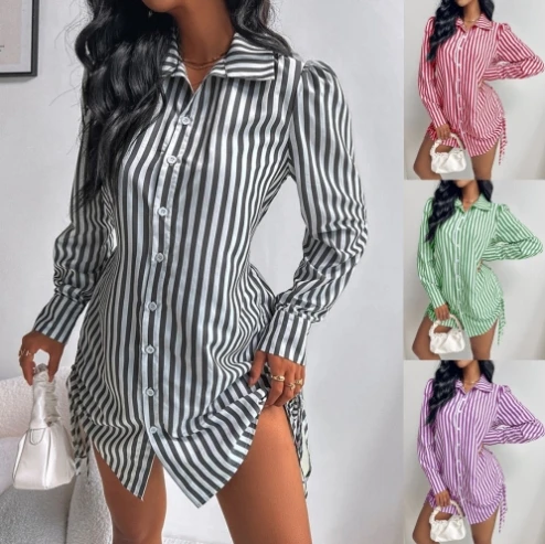 New Style for Women 2024 Spring Summer Mini Dresses Casual Simple Long Sleeve Striped Side Drawstring Buttoned Shirt Dress