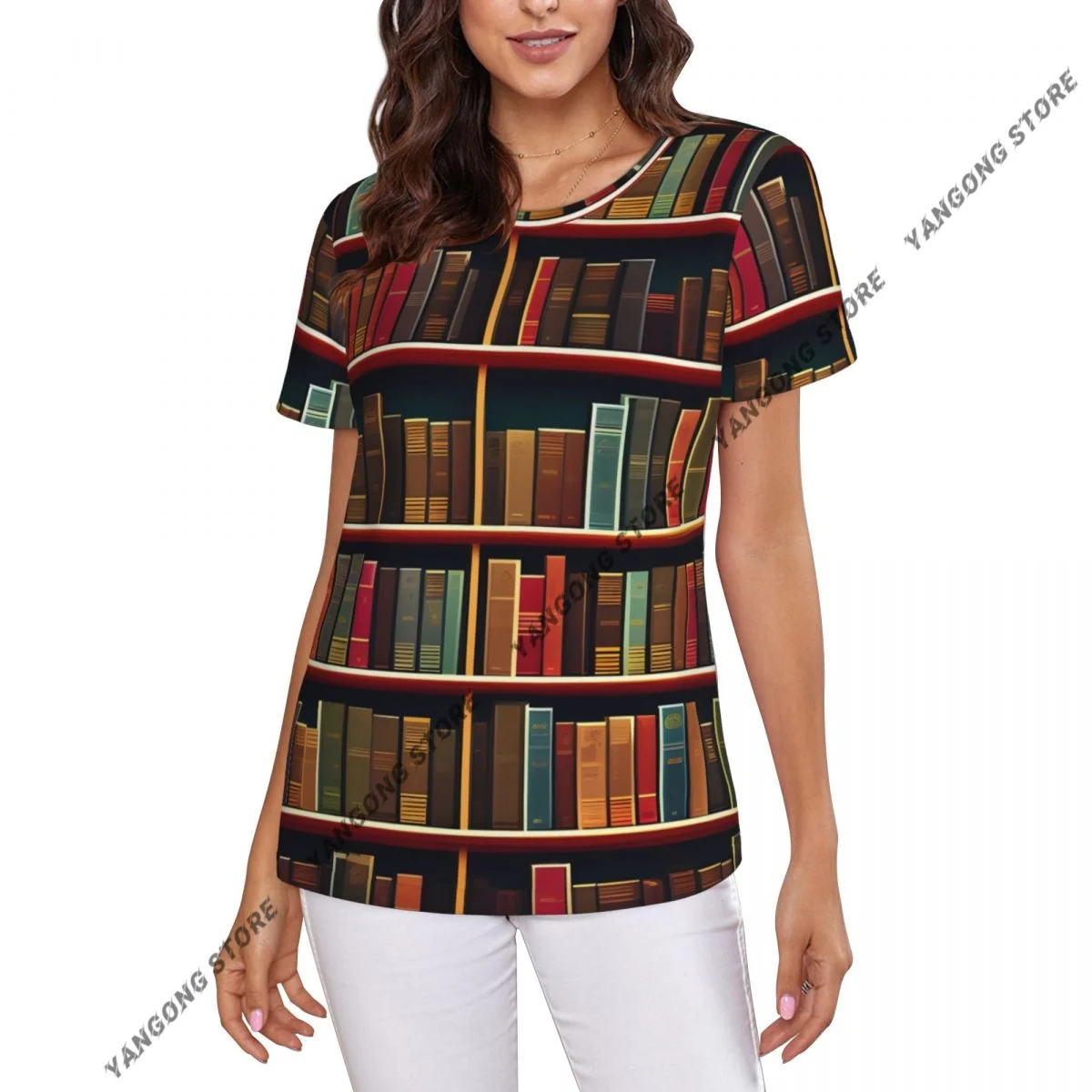 T Shirt Women Library Bookshelf Book Tee Shirt Casual Round Neck Short Sleeve Streetwear Female T-Shirt