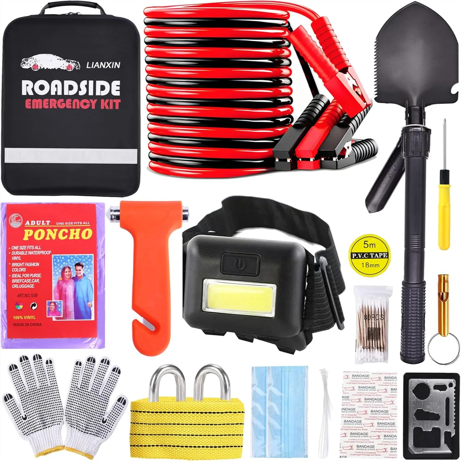 

Emergency Car Kit with Jumper Cables, Headlamp, Folding Shovel & Tow Strap for Roadside Assistance, Winter Travel Survival