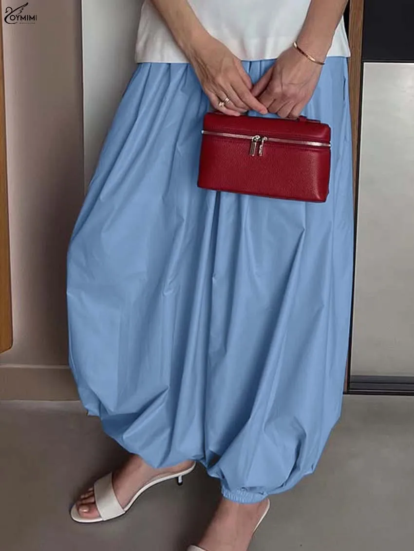 Oymimi Casual Blue Loose Women Pants Fashion Mid Waisted Drawstring Trousers Elegant Solid Ankle-Length Pants Female Streetwear