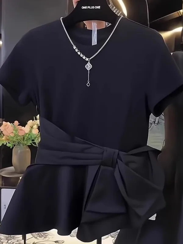 plus Size Women's Bla round Ne ort Sve T-irt Summer Faion  Knot Splice Top Korean Sle Slim Fit Basic