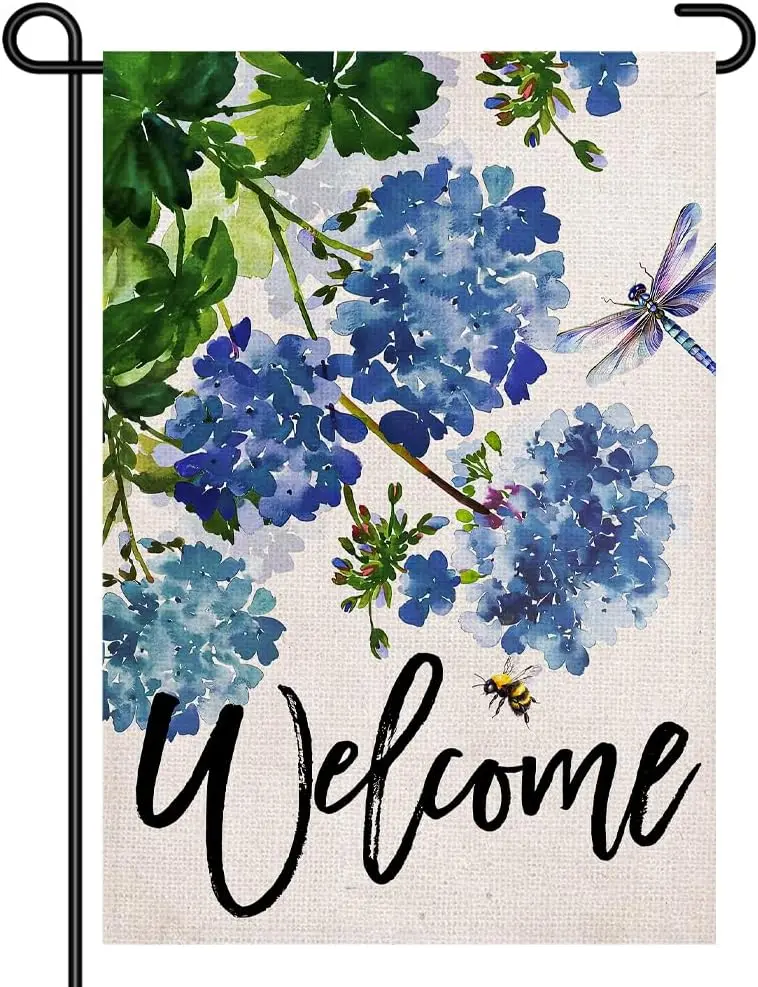 Welcome Hydrangea Garden Flag 12x18 Inch Double Sided Small Yard Sign, Blue Floral Watercolor Outdoor Decor with Dragonfly f ZZM