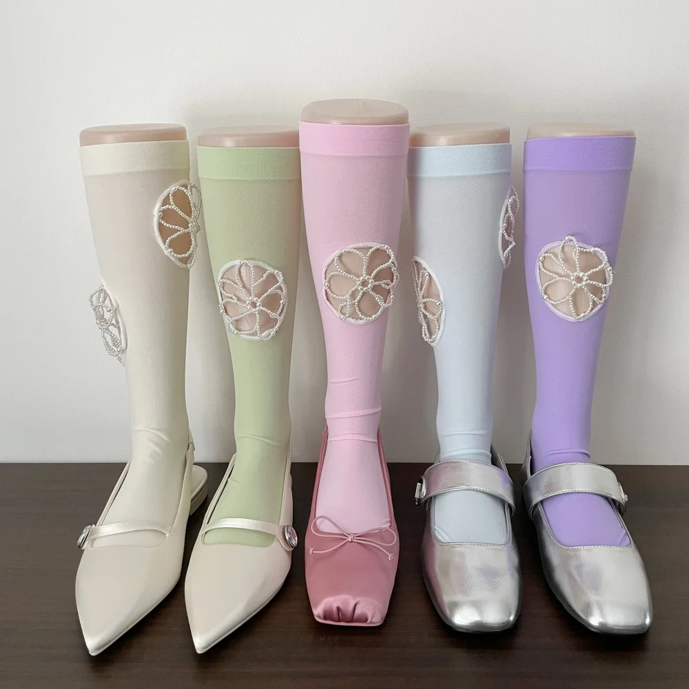 Pearl Floral Cutout Knee High Socks Double Side Hollow Beaded Flower Soft Elastic Stockings Multi Pastel Color Sweet Girly