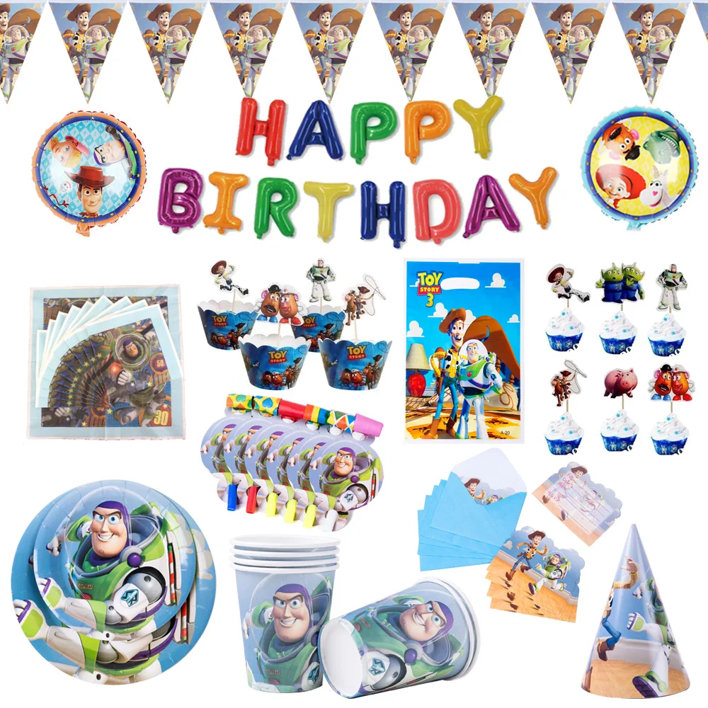 Cartoon Toy Story Buzz Lightyear Tableware Birthday Party Decorations Paper Plate Napkin Cup Tablecloth Kids Toy Party Supplies