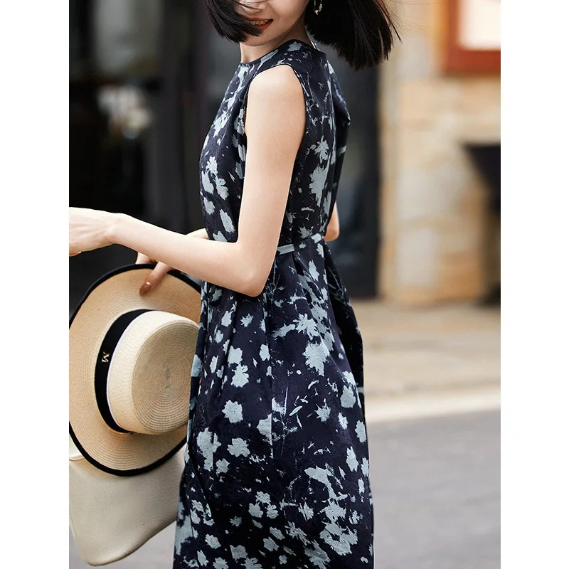 Silk Flower Print Sleeveless Slim Waist Dress 2025 Summer Mulberry Silk French Temperament Thin Floral Dress