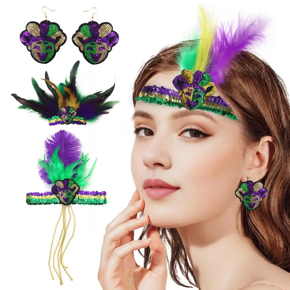 Exquisite Feather Jewelry Set Mardi Gras Feather Headband Set for Women Men Masquerade Headdress with Armband for Carnival