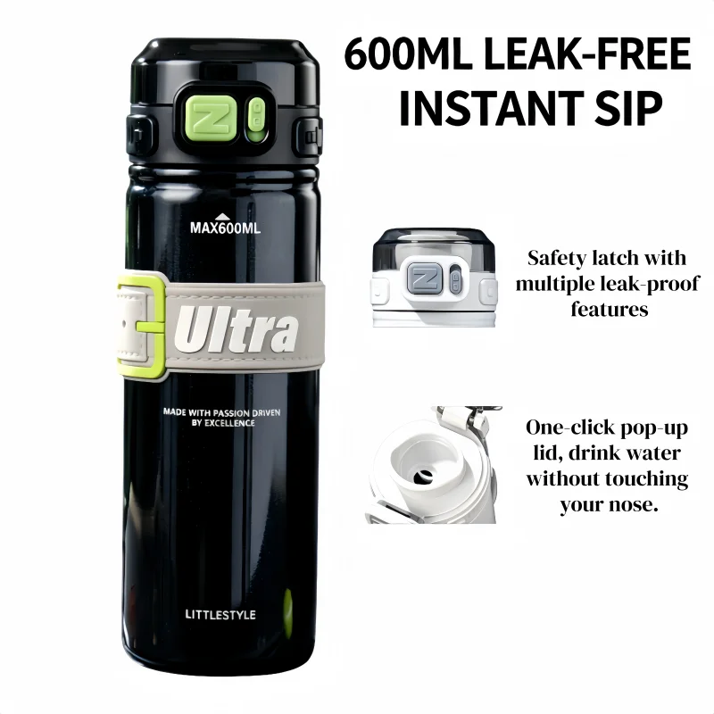 

600ML Vacuum Flask, Stainless Steel Leak Proof Thermos with One Hand Open Lid, Portable Handle, Sport Travel Water Bottle Hiking