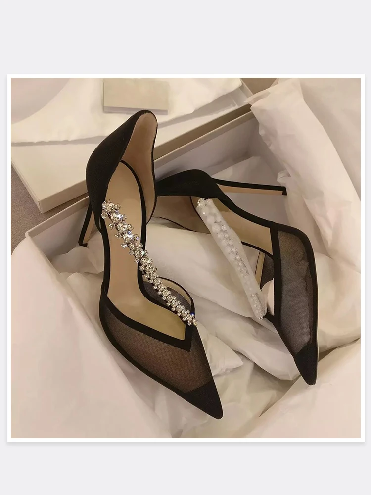 Black High Heels 2024 New Pointed Hollow Rhinestone Fine Heel Banquet Women\'s Shoes