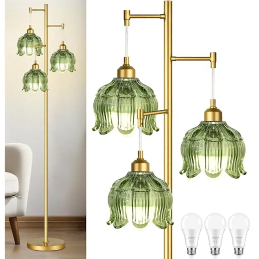 

Vintage Floor Lamps for Living Room Bedroom-3 Light Floor Lamp with Glass Lampshape, Flower Tall Lamp Mid Century Modern Standi