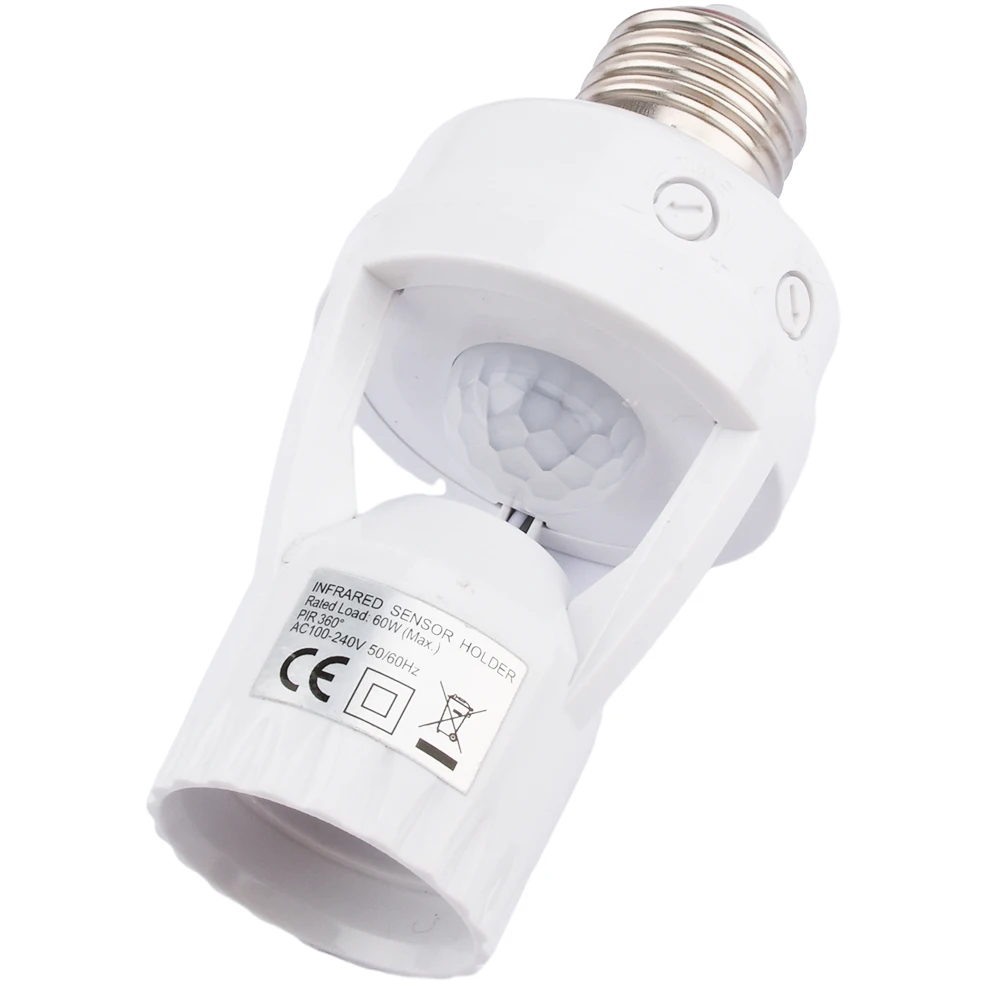 60W AC100-240V E27 Lamp Socket PIR Sensor Smart Lamp Base 10s-5min Adjustable Delay Switch 3-2000LUX Light Control