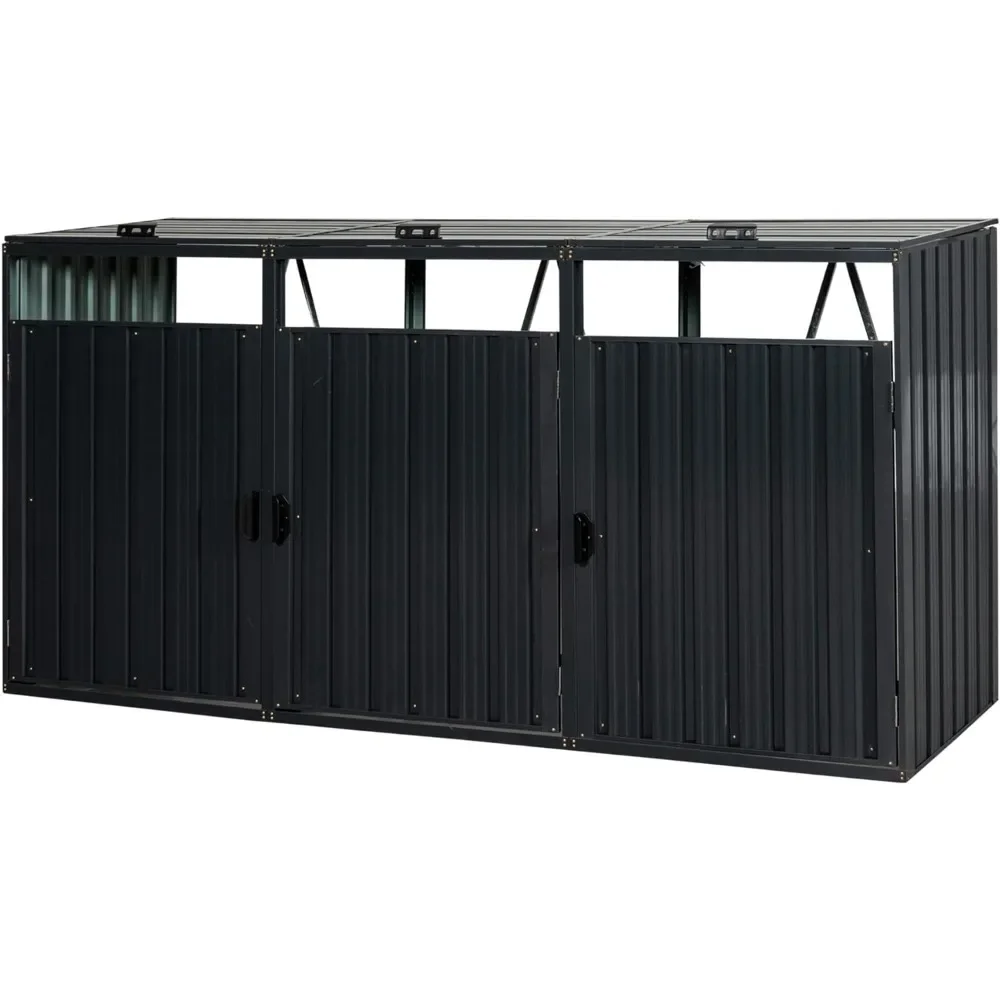 

Garbage Bin Shed Stores 3 Trash Cans Metal Outdoor Bin Shed for Garbage Storage Stainless Galvanized Steel Tools Garden Supplies