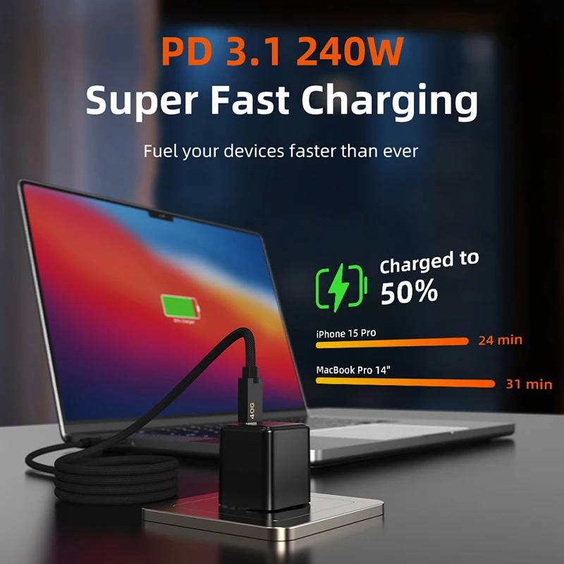 CABLETIME Kabel USB4 Magnetik 240W 80Gbps 8K USB C ke USB C Kabel Pengisi Daya Cepat untuk Thunderbolt 4/5 untuk iPhone iPad Laptop