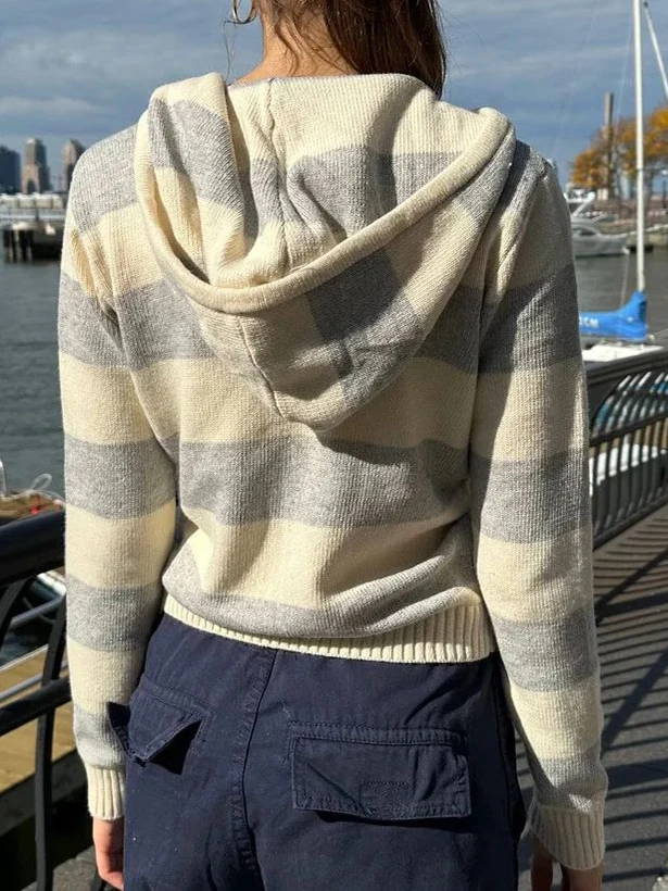 Gestreifte gestrickte abgeschnittene Pullover Strickjacke Frauen Herbst Langarm mit Kapuze Reißverschluss kurze Streetwear Strickwaren Pullover Y2K Crop Tops – Detail 8