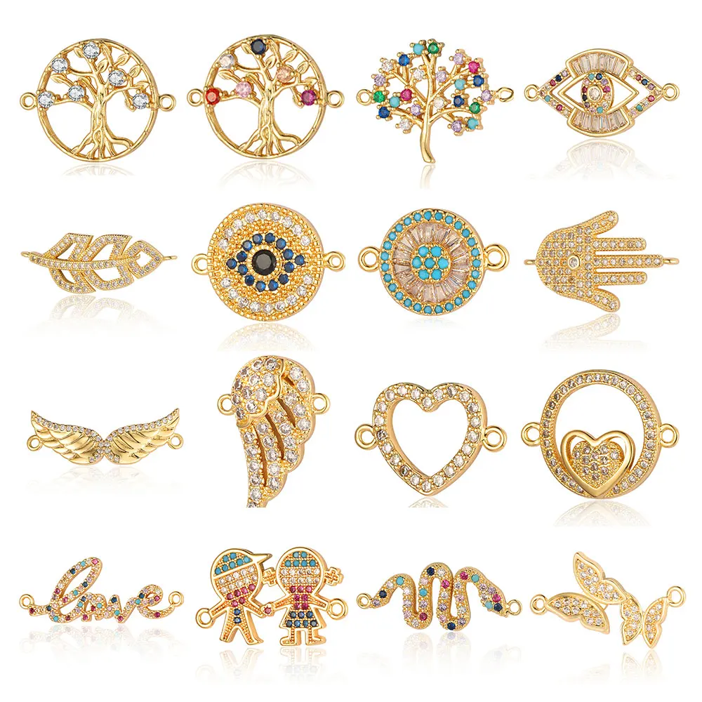 3pcs/Lot Cute Love Brass CZ Connector Charm Heart Tree Eye Wholesale Women Bracelet Making Charms DIY Jewelry Connectors