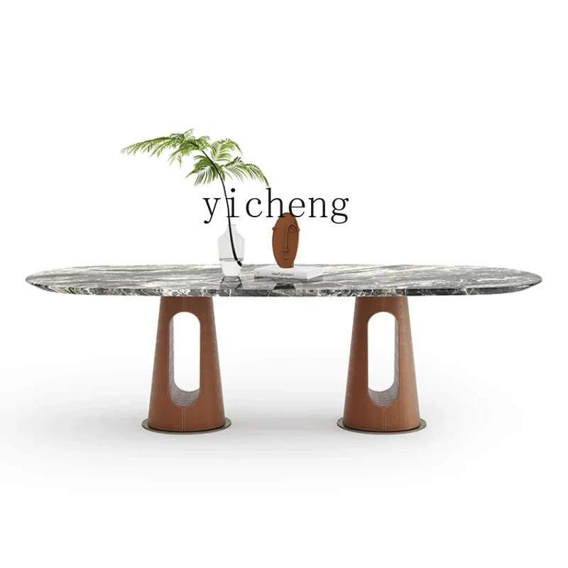 TQH modern light luxury brown natural stone + saddle leather/rectangular dining table marble dining table