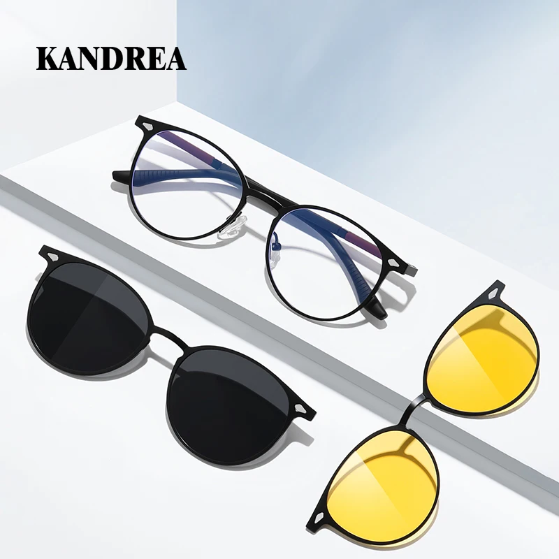 KANDREA  Round Men's Aluminum Magnesium Sunglasses 3 IN 1 Polarized Magnetic Vintage Eyewear with Myopia Glasses Frame 7043